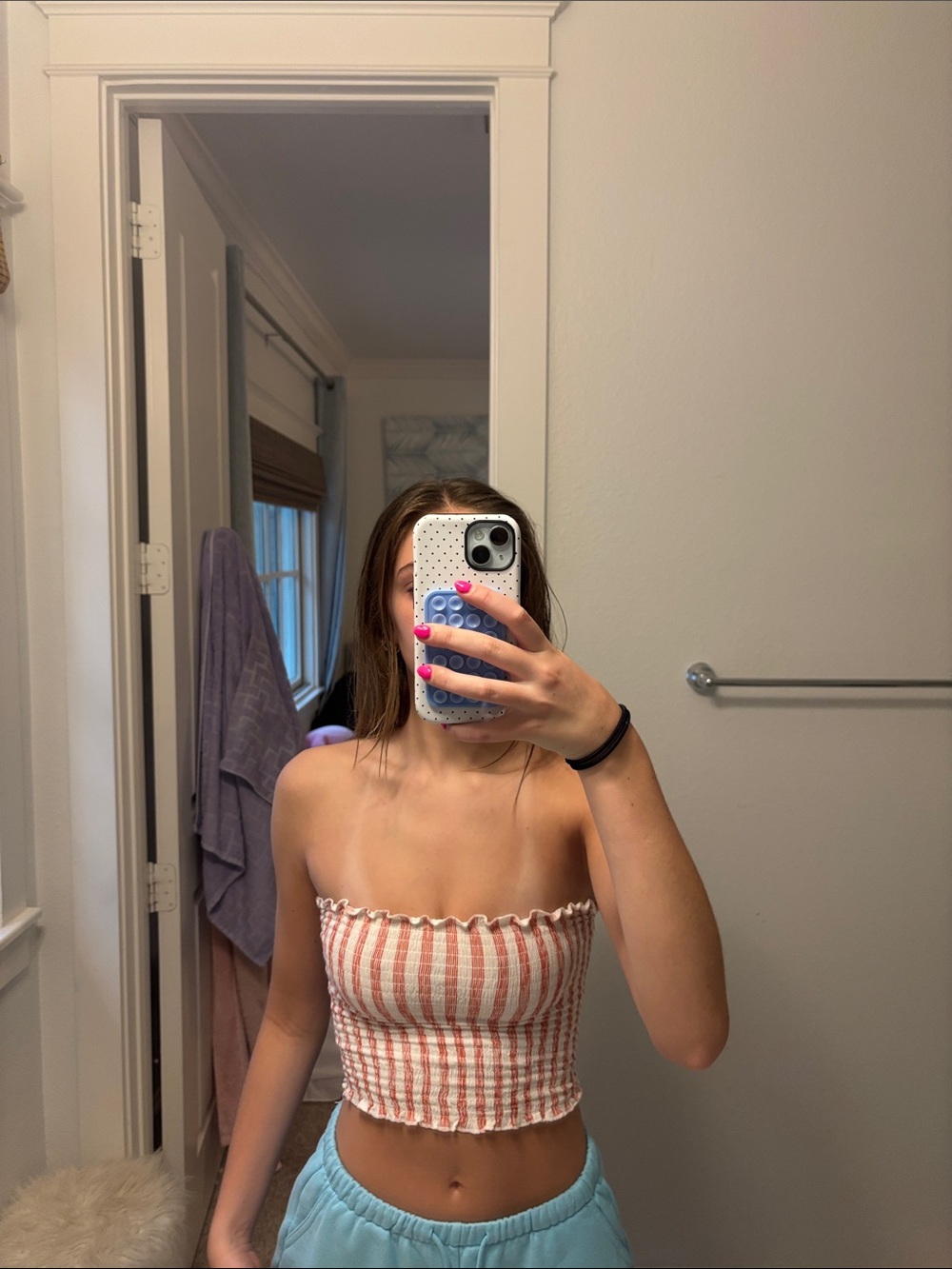 Striped Smocked Strapless Crop Top - Red and White